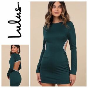 Lulu’s Sparkling Stunner Green Rhinestone Cutout Long Sleeve Mini Dress Sz: S